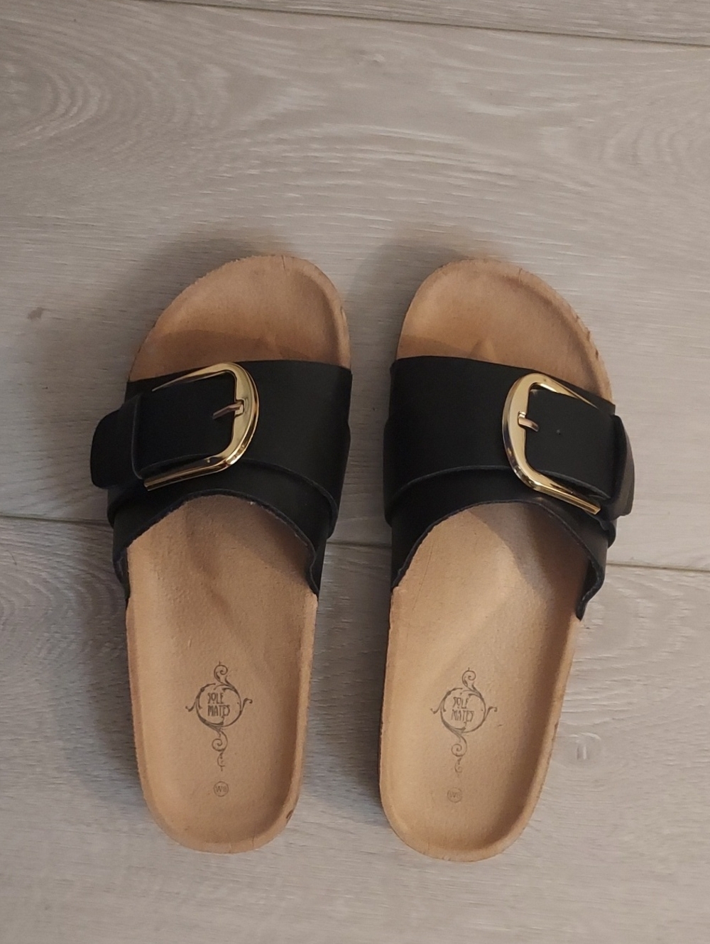 Women’s Black Slide Sandals with Gold Buckles